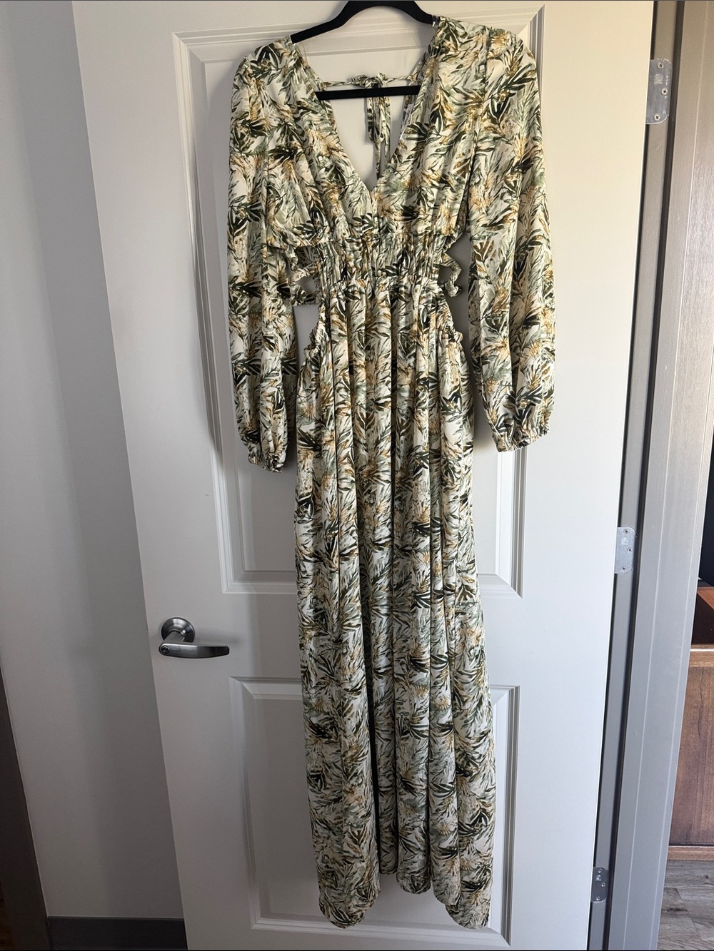 Floral Cream and Green Maxi Dress - V-Neck Long Sleeve